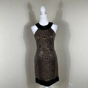 Cache Sheath Dress Womens 2 Brown Leopard Sequin Halter Mob Wife Glam